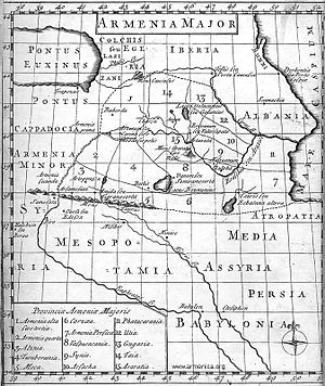 Карта Великой Армении с обозначением внутренних границ 15 провинций. Лондон, 1736 год